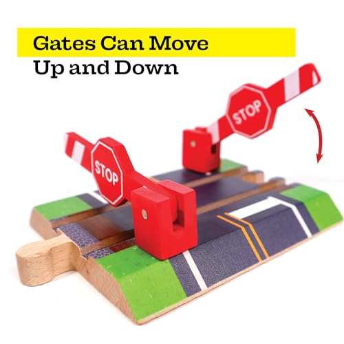 wooden railroad crossing - 3 piece set rail road signal gate wooden sign cow - compatible with all major train brands - railroad toy train track accessories - zany trains - train track