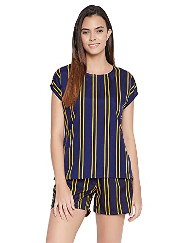 Image of Clovia Women's Crepe Sassy Stripe Top & Shorts Set - Navy Blue