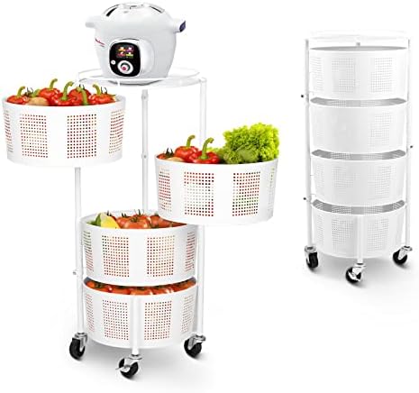 GLOCALCUL Fruit Vegetable Round Baskets Rack, Rolling Rotating Storage Shelf, Easy Install Metal Baskets with Wheels, Standing Storage Cart Organizer for Kitchen, Bathroom, Living Room(White, 4 Tier)