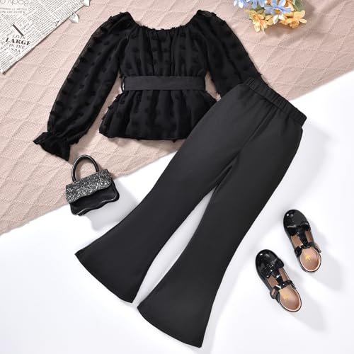 Image of HIHA Girls Fall Clothes Long Sleeve Chiffon Swiss Dot Top Black Flare Legging Pants Set