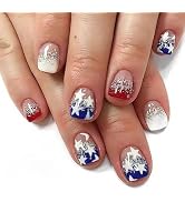 Independence Day Press on Nails Short Square French Tip Fake Nails White Star Full Cover Gel Glue...