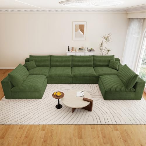Image of 136 inch Cloud Couch Modular Sectional Sofa for Living Room, U-Shape Boneless Couch with Deep Seat, Modern Corduroy 6-Seater, No Assembly Required, Green