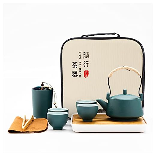 fanquare Juegos de Té Verde Japonés para Adultos, Juego de Té Chino de Cerámica, Servicio de Té Kongfu Portátil con Bandeja de Bambú, una Tetera, 4 Tazas de Té y 1 Bote de Té