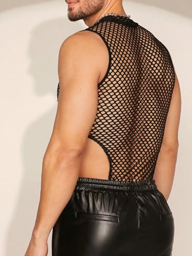 WDIRARA Men's Fishnet Mesh Mock Neck Vest Top Sleeveless Sheer Party Tank Tops Bodysuit2