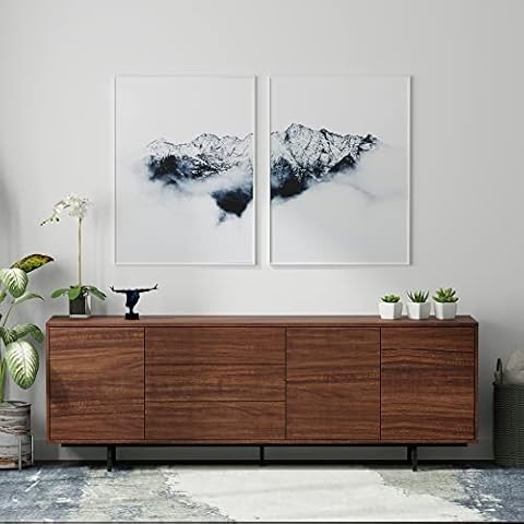 Glenwillow Home Atlas 78" x 28" Highboy Modern TV Stand Cabinet and Sideboard - Walnut Frame, Walnut Door/Drawers, Black Base Cover