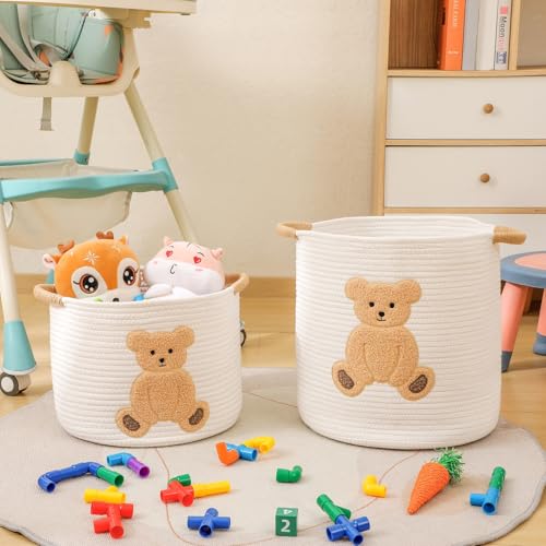Image of Large Blanket Baskets for Living Room, Teddy Bear Baskets Toy Storage Basket, 14 inch x 14 inch Woven Cotton Rope Basket for Kids, Toys Organizer Clothes Hamper with Embroidery, Teddy Bear Nursery Decor