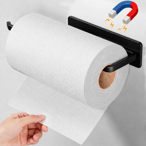Magnetic Kitchen Paper Towel Holder, Black, No-Drill, with Strong Hold