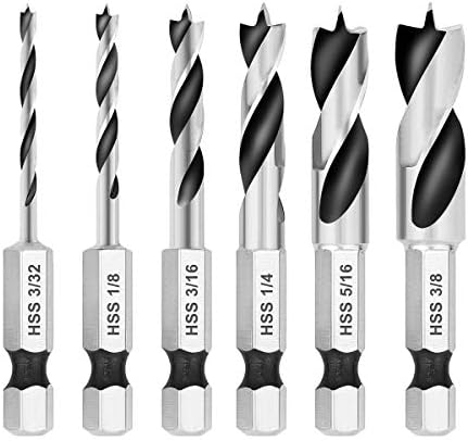COMOWARE Brad Point Stubby Drill Bit Set for Wood, 6pcs HSS 4241 Steel with 1/4-Inch Quick Change Hex Shank
