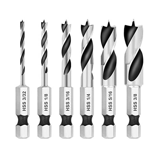 COMOWARE Brad Point Stubby Drill Bit Set for Wood, 6pcs HSS 4241 Steel with 1/4-Inch Quick Change Hex Shank