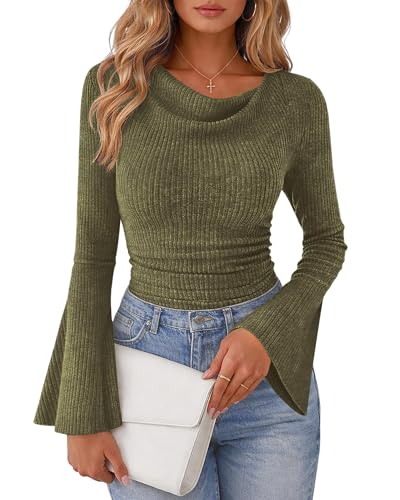 Lazysmile Women's Bell Sleeve Cowl Neck Ribbed Knit Shirts 2026 Ruched Trendy Going Out Tops Casual T Shirt