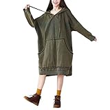 YuanDian Damen Pulloverkleid Mit Kapuze Baggy Lange Sweatshirt Pullikleid Oversize Sweater Langer Pulli Literatur Kunst Stil Retro Druck Kapuzenpullover Lang Hoodie Kleider 5# Armee-Grün