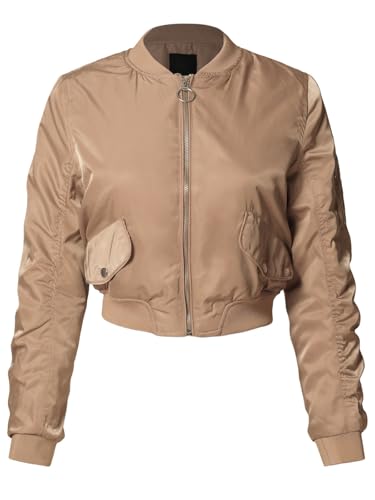 MixMatchy Women's Casual Bomber Jacket Zip Up Outerwear Windbreaker with Pockets