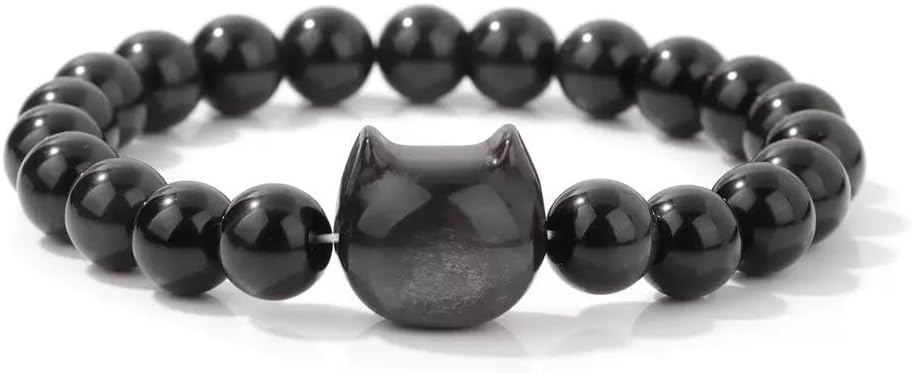 LINGYUAN Black Obsidian Cat Bracelet, Natural Stone Beaded Bracelet for Protection Luck and Energy Balance, Handmade Healing Crystal Jewelry Gift for Women and Men