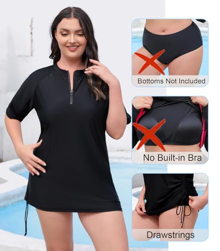 Halcurt Women's Plus Size Half Zip Short Sleeve Rash Guard Swim Top Drawstring Swim Shirt UPF50+ Swimsuit3