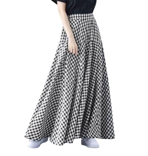 chouyatou Women's Retro Plaid A Line Midi Skirt Gingham High Elastic Waisted Pleated Swing Long Skirt