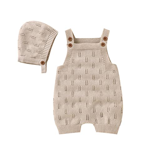 Lista de Punto para Bebé los 5 mejores. 45 LAWKUL - Mameluco de punto para bebé, sin mangas, 100 % algodón, con sombrero, trajes para recién nacidos, conjunto de una pieza, 2 piezas, Beige, 0-3 meses