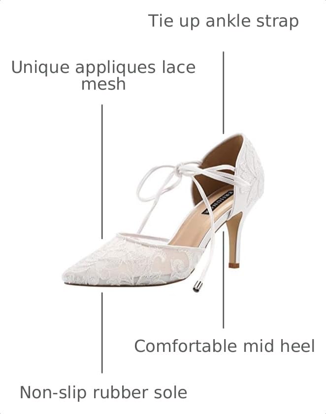 Image of ERIJUNOR Ivory Lace Mesh Satin Bridal Wedding Shoes for Women Comfortable Mid Heel Tie Up Ankle Strap Pointy Toe Pumps