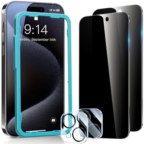 SMARTDEVIL 2Pack Privacy Screen Protector for iPhone 15 with 2 Pack Camera Lens Protector, 9H Anti-Spy Privacy Tempered Glass, Anti-Shatter, Bubble Free Easy Install iPhone 15 (6.1inch)