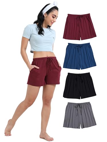 TREDECIM Womens 100% Organic Cotton Super Soft Comfy Pajama Lounge Shorts Elegant Sleepwear Pj Bottoms with pockets Pack of 4