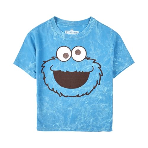 Sesame Street Cookie Monster Face Women's Blue Mineral Wash Crew Neck Short Sleeve Cropped Baby Tee-Large