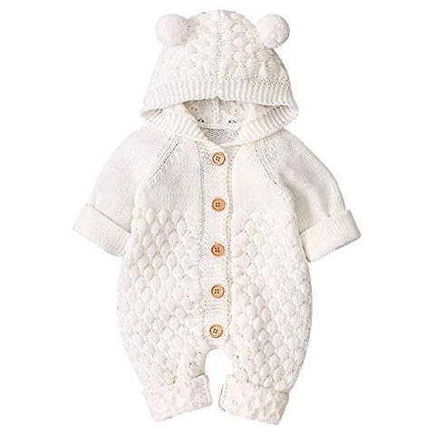 Unisex Newborn Tiny Baby Boy Girl Clothes Long Sleeve Knitted Cute Hooded Romper Bodysuit Onesie Cardigans Footless Sleepsuit Grows Jumpsuit Fall Winter Pramsuit Snowsuit White-Hairball 0-6 Months Cover