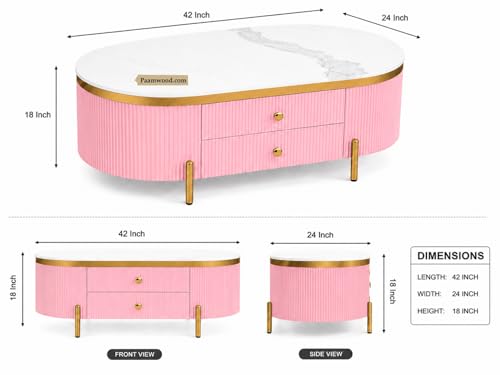 Image of Tesla Centre Table, 42x24x18 Inch, Nano Composite White Marble Top, Gold Accents, 2-Drawer Storage, Oval Design, Waterproof Plywood, PVD Legs, Modern Coffee Table for Living /Entryway