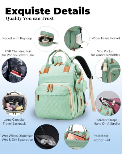 Image of Diaper Bag with Changing Station, Baby Backpack with Foldable Changing Pad | Waterproof Large Backpack for Mom & Dad, Shower Gifts for Mom Dad Girl Boy, Baby Newborn Essential, PaleGreen