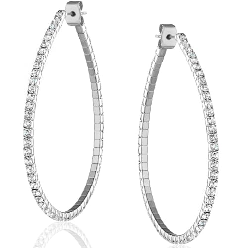 Sparkly Hoop Earrings for Women - Humble Chic Silver Tone Rhinestone Hoop Earrings For Women, Fake Diamond Teardrop Dangles, Silver Tone Bling Ear Jackets, Long Sparkle Thin CZ Drop, 2"