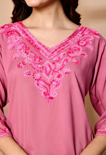 Image of LIBOZA Embroidered Kashmiri Tunic Top, Short Kurti for Women on Jeans, V-Neck, 3 /4 Sleeve, Floral Design,