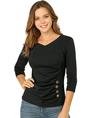 Allegra K Women's V Neck Blouse 3/4 Sleeves Solid Knitted Buttons Decor Ruched Top
