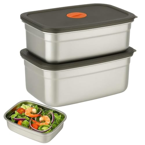 Image of SOLIGT CHONGZFU Stainless Steel Food Storage Containers With Airtight Lids Set, Stackable Leak Proof Metal Container Kitchen Storage Set, Draining Crisper Refrigerator Food Box, Silver 1500 ML 2 Pcs