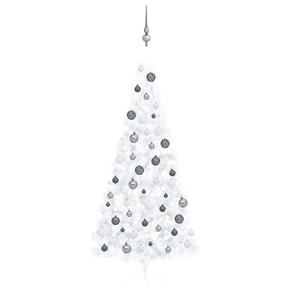 Semi albero di Natale artificiale, 240 cm, bianco, con 150 LED, 1050 punte, con sfere e punta, salvaspazio per parete, decorazione festiva