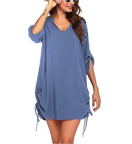 Cache-maillot de plage pour femme avec col en V et imprimé papillon, bleu, L