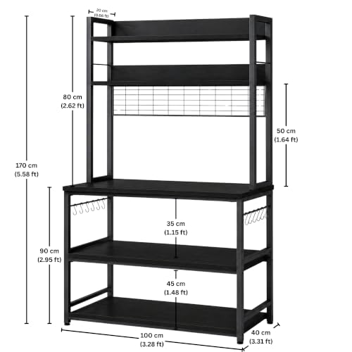 Image of 5-Tier Kitchen Organizer Rack-Multipurpose Microwave Stand for Kitchen Platform & OTG Oven-Steel Utensils Storage Shelf with Hooks - Engineered Wood & Metal Rack for Home- 100x40x170 cm - Black