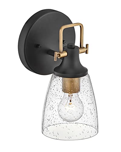 Image of Hinkley Easton 51270BK Single Light Bath Vanity Fixture, Modern Industrial, Clear Seedy Glass Shade, Mounts Up or Down, Black and Heritage Brass