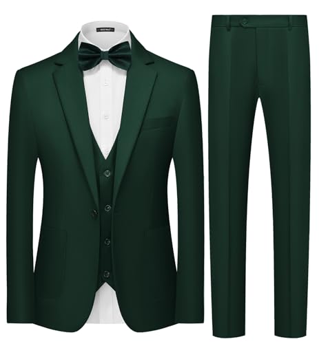 MAGE MALE Mens Tuxedo Suit Set 3 Piece Slim Fit Suits Wedding Prom Suits Patch Pockets Blazer Vest Pants Set with Bow Tie