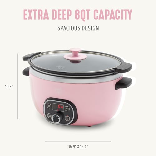 Image of GreenLife 8QT Slow Cooker, Non-Toxic PFAS-Free Ceramic Nonstick Removable Interior Bowl, Programmable, Family Friendly, Keep Warm, Stovetop & Oven Safe, Dishwasher Safe Crock, Timer, Glass Lid, Pink