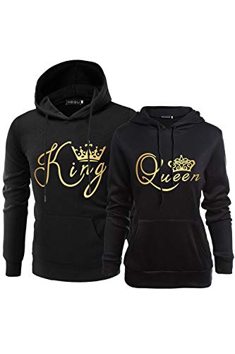 Jumojufol Rey Reina Par Sudaderas con Capucha Diseño De Wordart Paquete Negro Mujeres S+Hombres XL