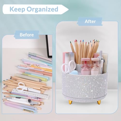 Image of SKYDUE 360 Degree Rotating Desk Organizer, Shining Dual-Purpose Rhinestone Pencil Pen Holder, Rotating Desk Pen Organizer with 5 Slots, Rhinestone Pencil Cup for Office, School, Home