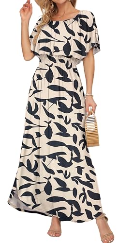 Image of AUSELILY Womens Off Shoulder Ruffle Split Summer Maxi Dresses with Pockets | Off-shoulder Ruffle dress with empire waist & side split for summer beach and casual parties
