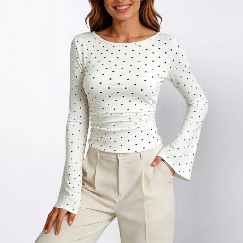 Polka Dot Top For Women Bell Long Sleeve Boat Neck Fall Cute Going Out Tops - image 2