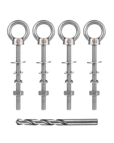 Image of Eye Bolt with Nuts 1 /4'' x 3'' (4 Pack), Imperial, Heavy Duty Stainless Steel 3 /8-16 Long Eye Bolts, Bonus Drill Bit Included
