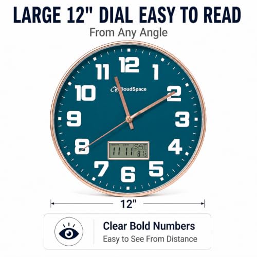 Image of Cloud Space 12 inch Silent Wall Clock Battery Operated, Non Ticking Modern Wall Clock with LCD Calendar & Fahrenheit Temperature Display, Easy-to-Read Kitchen Bedroom Office Living Room Wall Clock