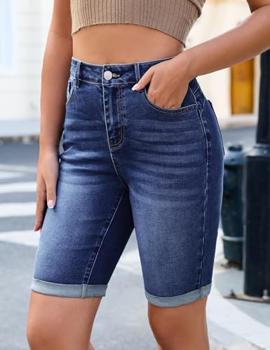 Image of luvamia Bermuda Jean Shorts Women High Rise Stretchy Cuffed Hem Denim Jorts
