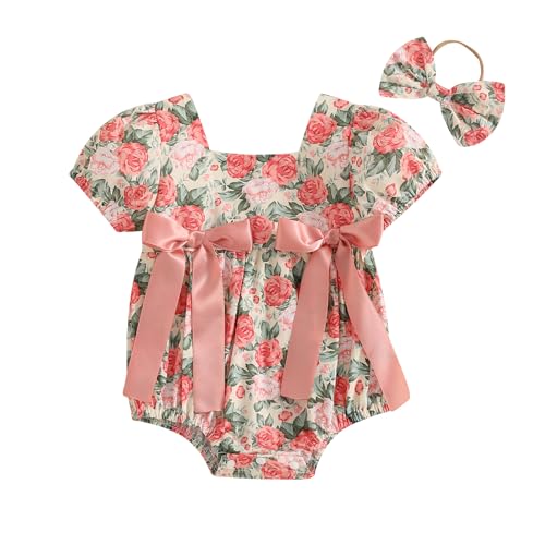 Bagilaanoe Summer Outfit Infant Baby Girl Clothes Ribbon Floral Short Sleeve Romper Bodysuit Jumpsuit Headband Set