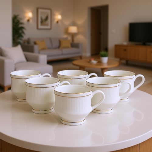 Image of SkyKey Fine Ceramic Bone China Gold Line Mona Tea Coffee Cup - 6 Pcs, 160 ML, White