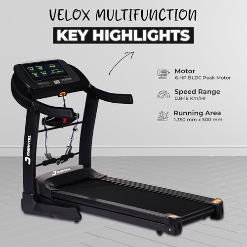 Image of Durafit91Velox Multifunction 6 HP Peak BLDC Hydraulic Foldable Treadmill| Max User Weight 150 Kg| Running Surface : L -1350mm & W -500mm |18 Km /Hr Max Speed| Bluetooth Speaker | Wynd app | Home use