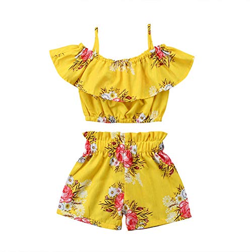 Toddler Little Girl Demin Off Shoulder Ruffle Pocket Romper Jumpsuit Clothes Set (Yellow(Floral), 5-6T)
