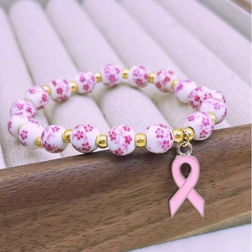 Choistily Breast Cancer Awareness Bracelets Pink Ribbon Bracelet for Women Pink Flower Breast Awareness Accessories Stretch Handmade Bracelet4