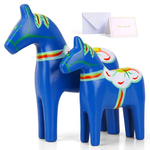 GUMQDD Set of 2 Hand Painted Swedish Wooden Dala Horse Figurines 9.4/6.3 Dala Horse Gifts Suitable for Family Living Room & Home Decoration (Blue)